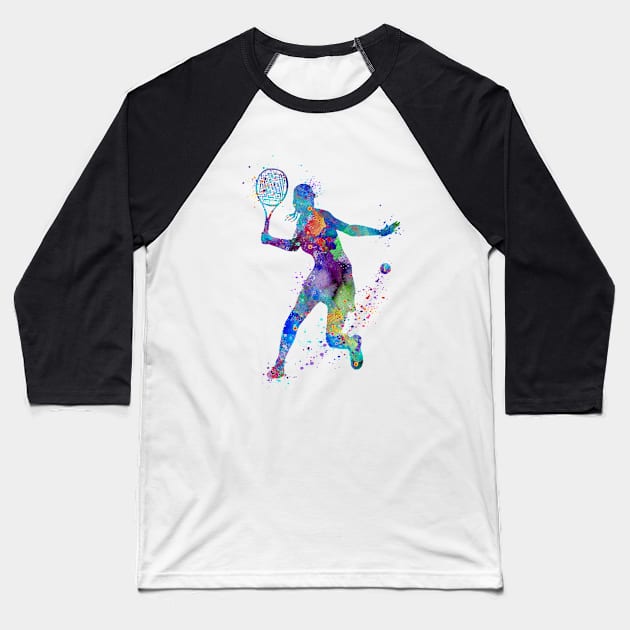 Girl Tennis Player Colorful Watercolor Baseball T-Shirt by LotusGifts